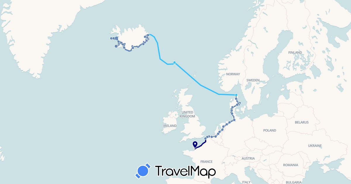 TravelMap itinerary: driving, cycling, boat in Belgium, Germany, Denmark, Faroe Islands, France, Iceland, Netherlands (Europe)